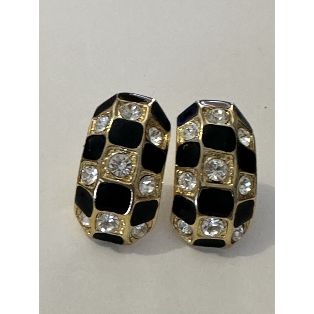 Vintage Gold Tone Black Enamel Clear Rhinestone Checkerboard Clip Earrings